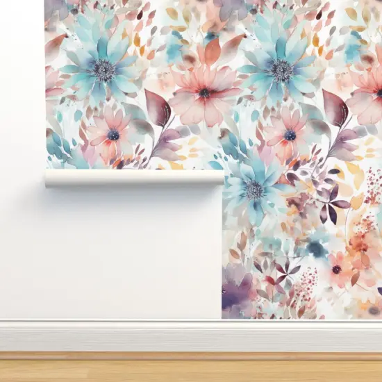 Pre-Pasted Wallpaper 2FT Wide Watercolor Boho Wildflowers Floral Hand Painted Dahlia Modern Flowers Custom Pre-pasted Wallpaper by Spoonflower {2}