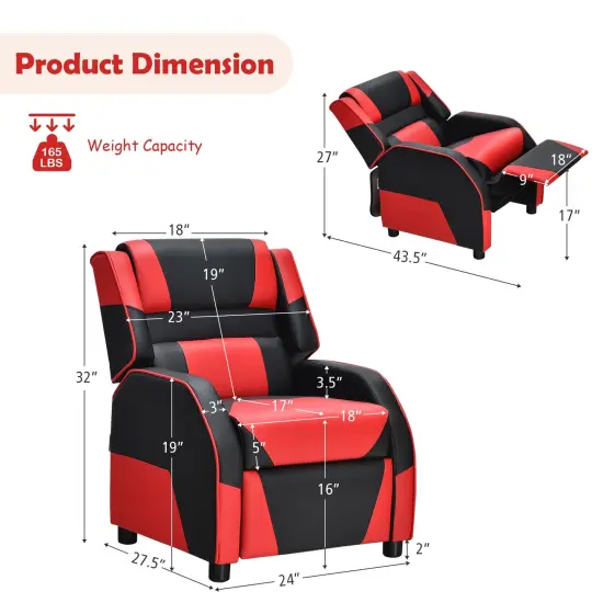 Kids Youth PU Leather Gaming Sofa Recliner with Headrest and Footrest Red {5}