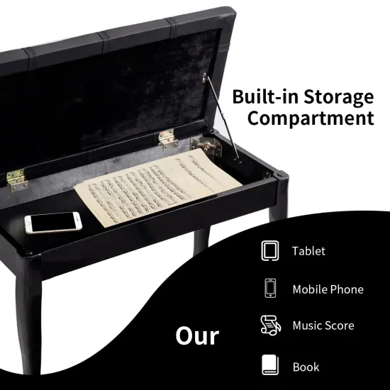 Solid Wood PU Leather Piano Bench with Storage Black {5}