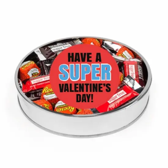 Valentine's Day Sugar Free Candy Gift Tin for Kids Large Plastic Tin with Sticker and Hershey's Chocolate & Reese's Mix - Super Hero {1}