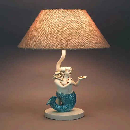 Blue Glitter Tail Mermaid Nautical Table Lamp Burlap Coastal Decor accent light {4}