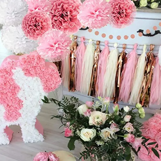 Rose Gold and Pink Birthday Party Decorations Set, Glittery Happy Birthday Banner, Tissue Paper Pom Poms, Circle Dots Garland, and Tassel Garland for Party Decor {4}