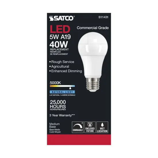 Satco 5w A19 LED Commercial Grade Agriculture Bulb 5000K 120v - 40w-equiv Natural Light {3}