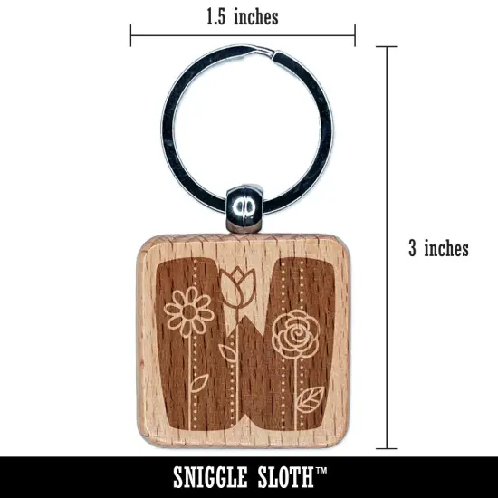 Sweet and Cute Flowers Rounded Block Letter W Engraved Wood Square Keychain Tag Charm {2}