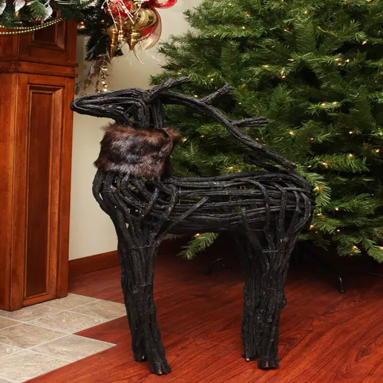 Northlight Glittered Wicker Standing Reindeer with Faux Fur Christmas Figure - 36" - Black Brown {3}