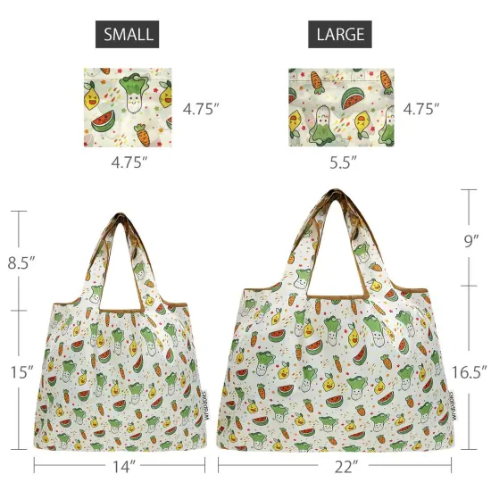 Wrapables Large & Small Foldable Tote Nylon Reusable Grocery Bags, Set of 2, Happy Food {2}