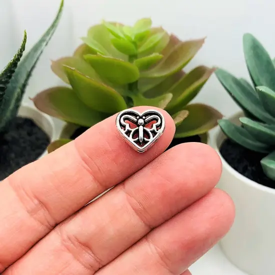 4, 20 or 50 Pieces: Antique Silver Butterfly Heart Spacer Beads, 12x10mm - Double Sided {3}