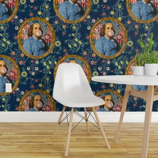Pre-Pasted Wallpaper 2FT Wide Benjamin Franklin Botanical Whimsical Historical Portrait Custom Pre-pasted Wallpaper by Spoonflower {1}