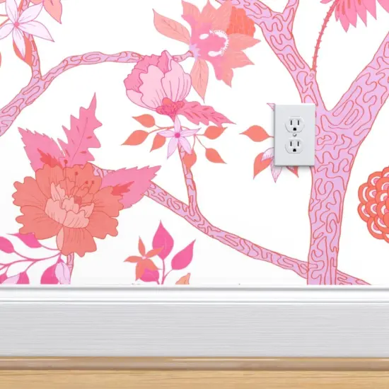 Peel & Stick Wallpaper 2FT Wide Peony Floral Chinoiserie Large Scale Pink Orange Maximalist Custom Removable Wallpaper by Spoonflower {4}