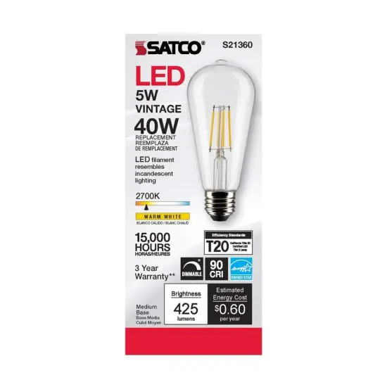 6Pk - Satco 5w ST19 LED 2700K Medium Base Dimmable - 40w equiv Warm White {5}