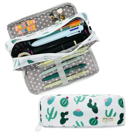 Wrapables Large Capacity Pencil Case, 3 Compartment Pencil Pouch for Stationery Pens Cactus {1}