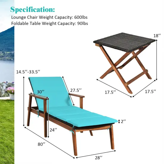 Costway 3PCS Patio Rattan Lounge Chair Folding Table Set Chaise Wood Cushioned White\Turquoise {3}