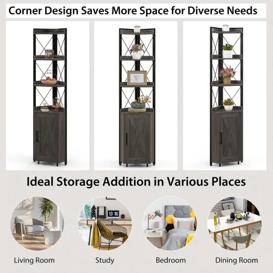 Costway 6-Tier Corner Bookshelf with 5-Level Adjustable Shelf & Anti-Tipping Kits Rustic Brown/Gray {5}