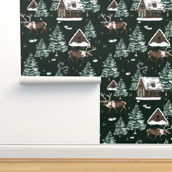 Peel & Stick Wallpaper 2FT Wide Green Cabin Winter Wonderland Christmas Reindeer Forest Cottage Snowy Alpine Holiday Cozy Chalets Custom Removable Wallpaper by Spoonflower {2}