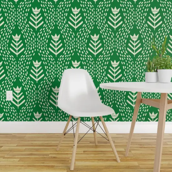 Pre-Pasted Wallpaper 2FT Wide Simple Floral Rustic Botanical Hand Drawn Green And Cream Tulip Custom Pre-pasted Wallpaper by Spoonflower {1}