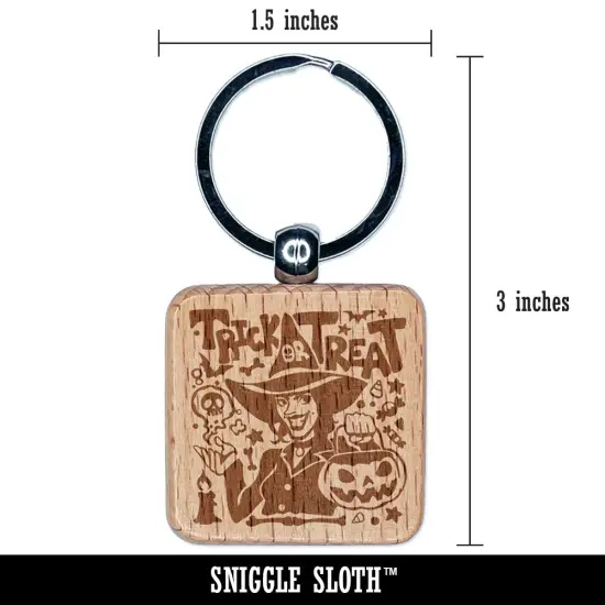 Trick or Treat Halloween Witch Engraved Wood Square Keychain Tag Charm {2}