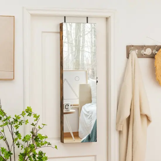 Wall and Door Mounted Mirrored Jewelry Cabinet with Lights Rustic Brown {2}