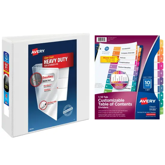 Avery Heavy-Duty View 3 Ring Binder with 3 Inch Rings, 10 Tab Customizable Table of Contents Binder Dividers, Office Supplies Set (01678) {1}