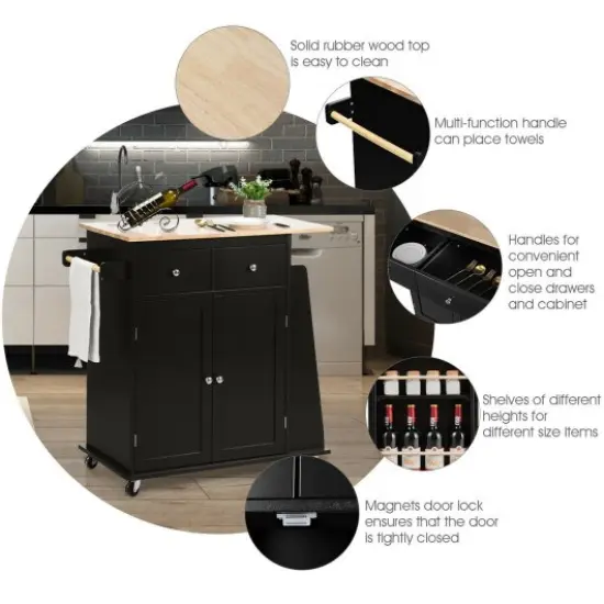 Rubber Wood Countertop Rolling Kitchen Island Cart Black {2}