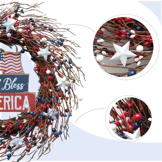Patriotic 18-Inch Red, White, and Blue Berry Wreath with Americana Flag for 4th of July, Memorial Day, and Veterans Day {6}
