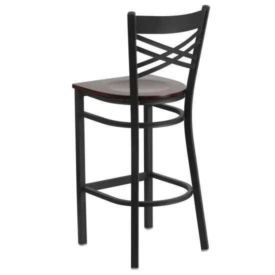 Emma and Oliver 2 Pack "X" Back Metal Restaurant Barstool Walnut/BlackMetal {3}