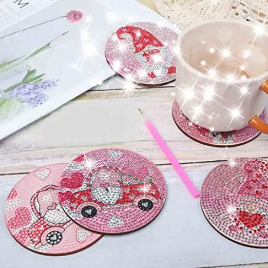 8 Pieces Valentines Day Diamond Paintings Coasters Diamond Painting Coasters with Iron Holder, DIY Gnome Diamond Painting Kit for Adults & Kids Diamond Art Craft Supplies Valentines Decorations {5}