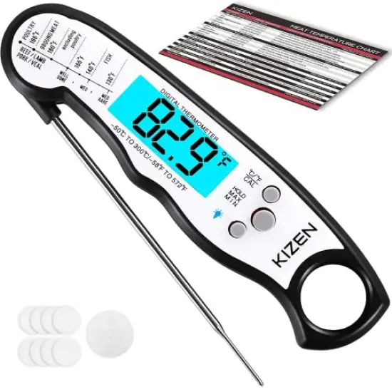KIZEN Digital Meat Thermometer with Probe - Instant Read Food Thermometer for Cooking, Grilling, BBQ, Baking, Liquids, Candy, Deep Frying, and More - Black/White {1}