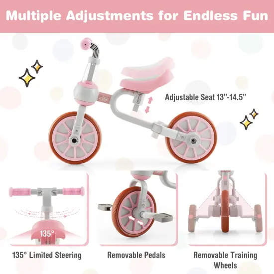 4-in-1 Kids Trike Bike with Parental Control Handlebar and 4 Level Adjustable Height Pink {3}