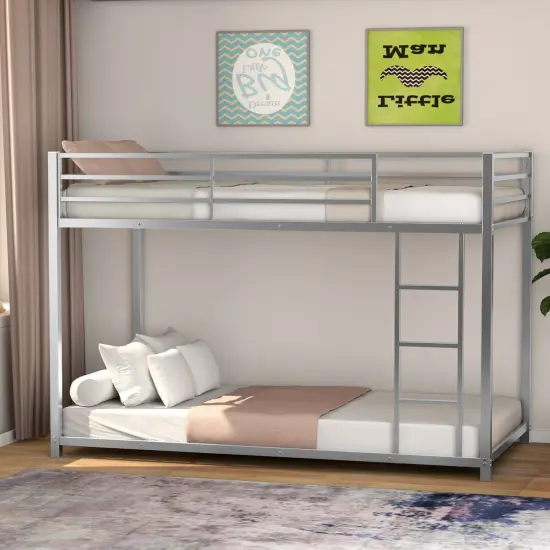 Steel Twin Bunk Bed with Ladder and Guardrails Silver {6}