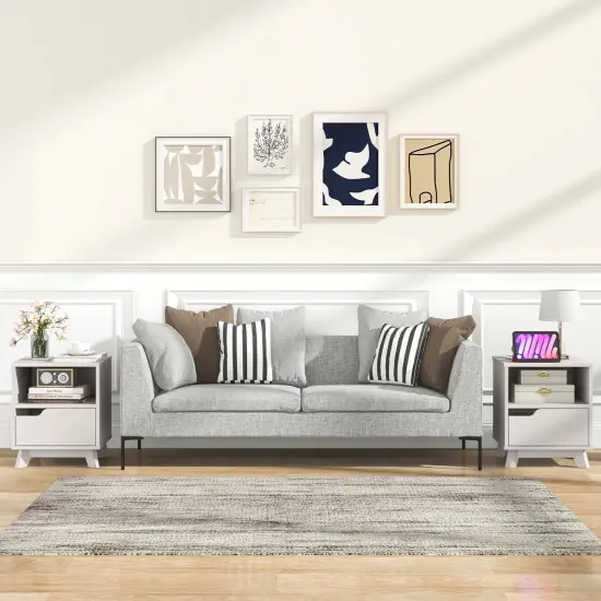 Costway 1/2 PCS Nightstand Sofa Side End Table with Storage Shelf & Drawer Space-Saving White {2}