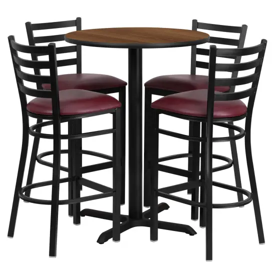 Emma and Oliver 30" Round Laminate Table Set with X-Base and 4 Ladder Back Stools Walnut/BurgundyVYL {1}