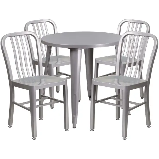 Emma and Oliver Commercial Grade 30" Round Metal Indoor-Outdoor Table Set & 4 Slat Back Chairs Silver {1}