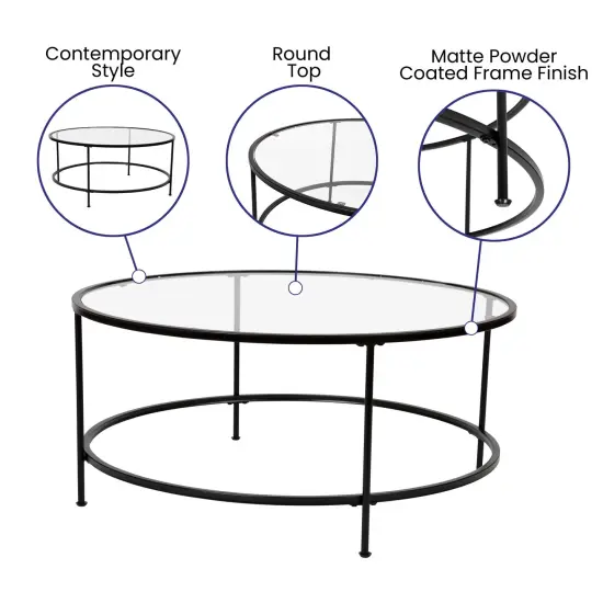 Merrick Lane Newbury Glass Coffee Table with Round Matte Gold Frame and Vertical Legs Clear/Matte Black {2}
