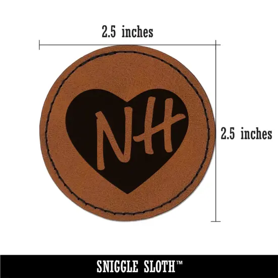NH New Hampshire State in Heart Round Iron-On Engraved Faux Leather Patch Applique - 2.5" Brown {3}
