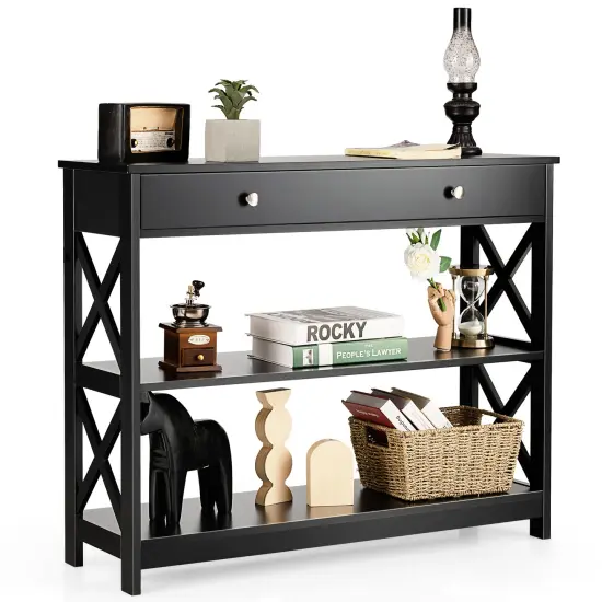 Console Table 3-Tier with Drawer and Storage Shelves Black {4}