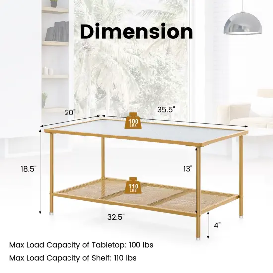 2-tier Coffee Table With Shelf Center Tea Table With Tempered Glass Top-golden {5}