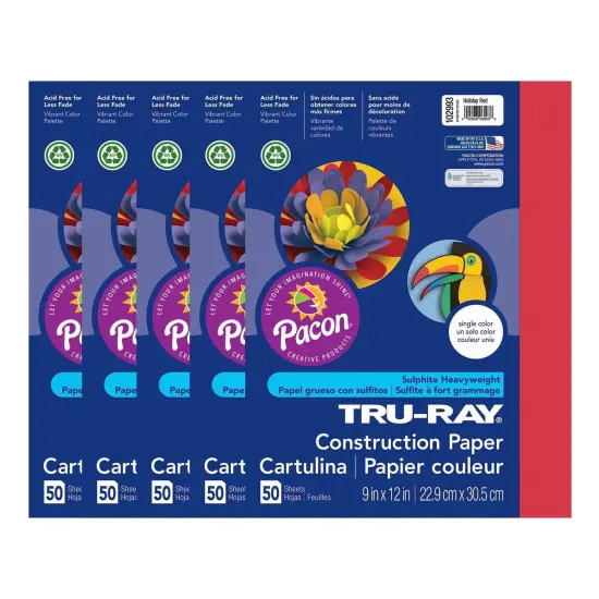 Construction Paper, Holiday Red, 9" x 12", 50 Sheets Per Pack, 5 Packs {1}