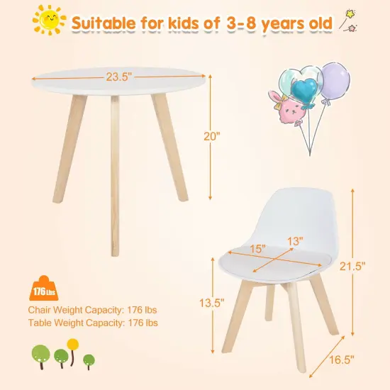 Modern Kids Activity Play Table and 2 Chairs Set with Beech Leg Cushion-White {5}