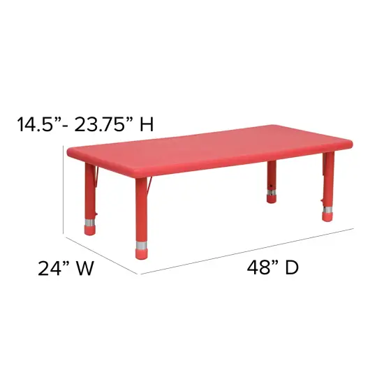 Emma and Oliver 24"W x 48"L Rectangular Plastic Height Adjustable Activity Table Red {4}