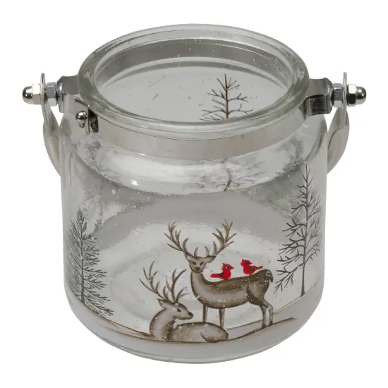 Northlight 4" Hand-Painted Pine Trees and Deer Flameless Glass Christmas Candle Holder Beige {4}