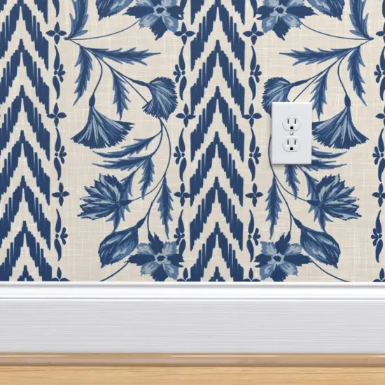 Pre-Pasted Wallpaper 2FT Wide Folk Floral Stripe Large Scale Blue Tan Chintz Flowers Custom Pre-pasted Wallpaper by Spoonflower {4}