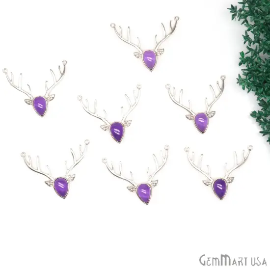 Reindeer Horn Necklace Pendant, Labradorite Gemstone Reindeer Head, Antlers/ Horns, 42x14mm, Horn Necklace, GemMartUSA (LB-50520) {1}