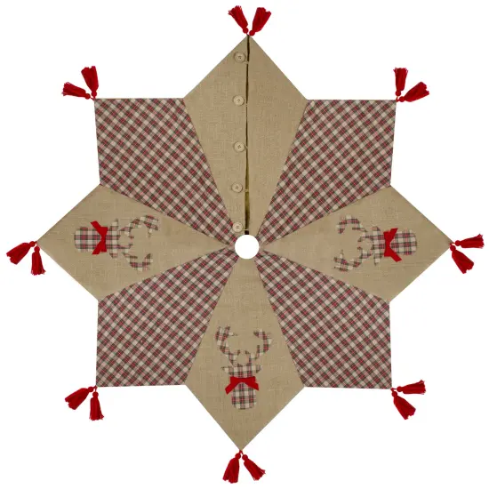 Northlight 48" Red and Brown Burlap and Plaid Reindeer Christmas Tree Skirt with Tassels {3}