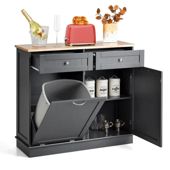 Rubber Wood Kitchen Trash Cabinet with Single Trash Can Holder and Adjustable Shelf Grey {1}