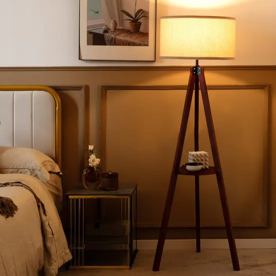 Brown Rubber Wood Linen Tripod Floor Lamp with Shelf and E26 Socket for Living Room and Bedroom {3}