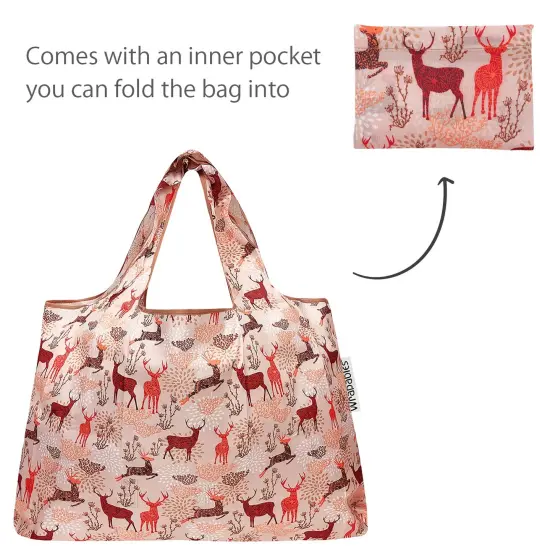 Wrapables Large & Small Foldable Tote Nylon Reusable Grocery Bags, Set of 2 Deer {5}