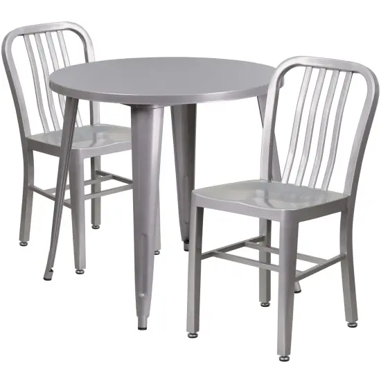 Emma and Oliver Commercial Grade 30" Round Metal Indoor-Outdoor Table Set & 2 Slat Back Chairs Silver {1}