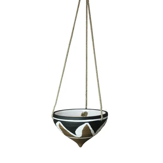 Allstate 6.5" Brown, Black and White Tribal Decorative Hanging Ceramic Planter with Rope {1}