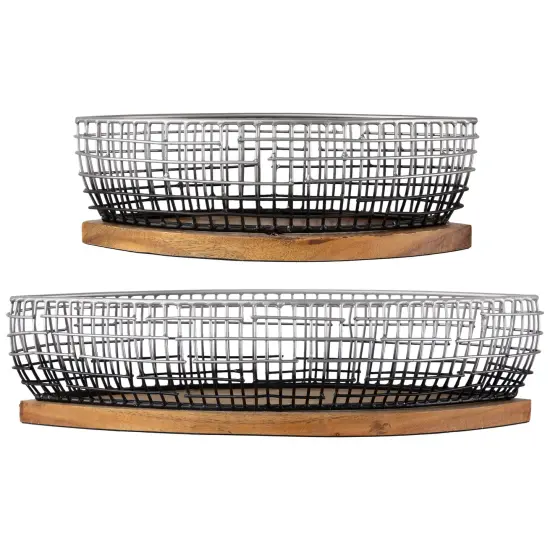 Northlight Oblong Iron Baskets with Wooden Base - 15" - Silver and Black - Set of 2 {1}