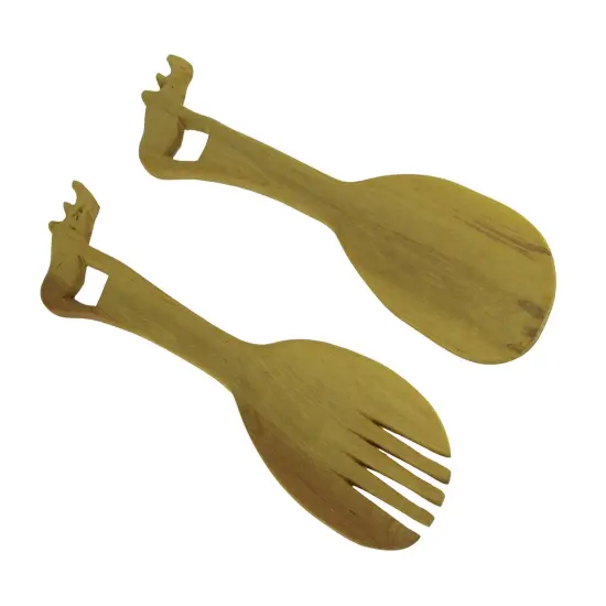 Hand Carved Wood Decorative Rhinoceros Handle Salad Server Set {1}